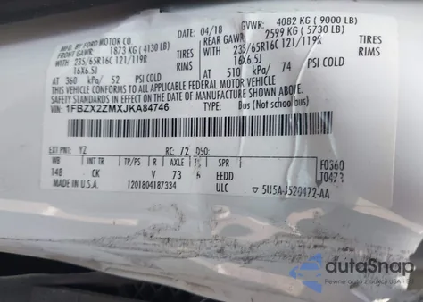 2018 Ford Transit Xlt z USA, uszkodzony, nr VIN 1FBZX2ZMXJKA84746